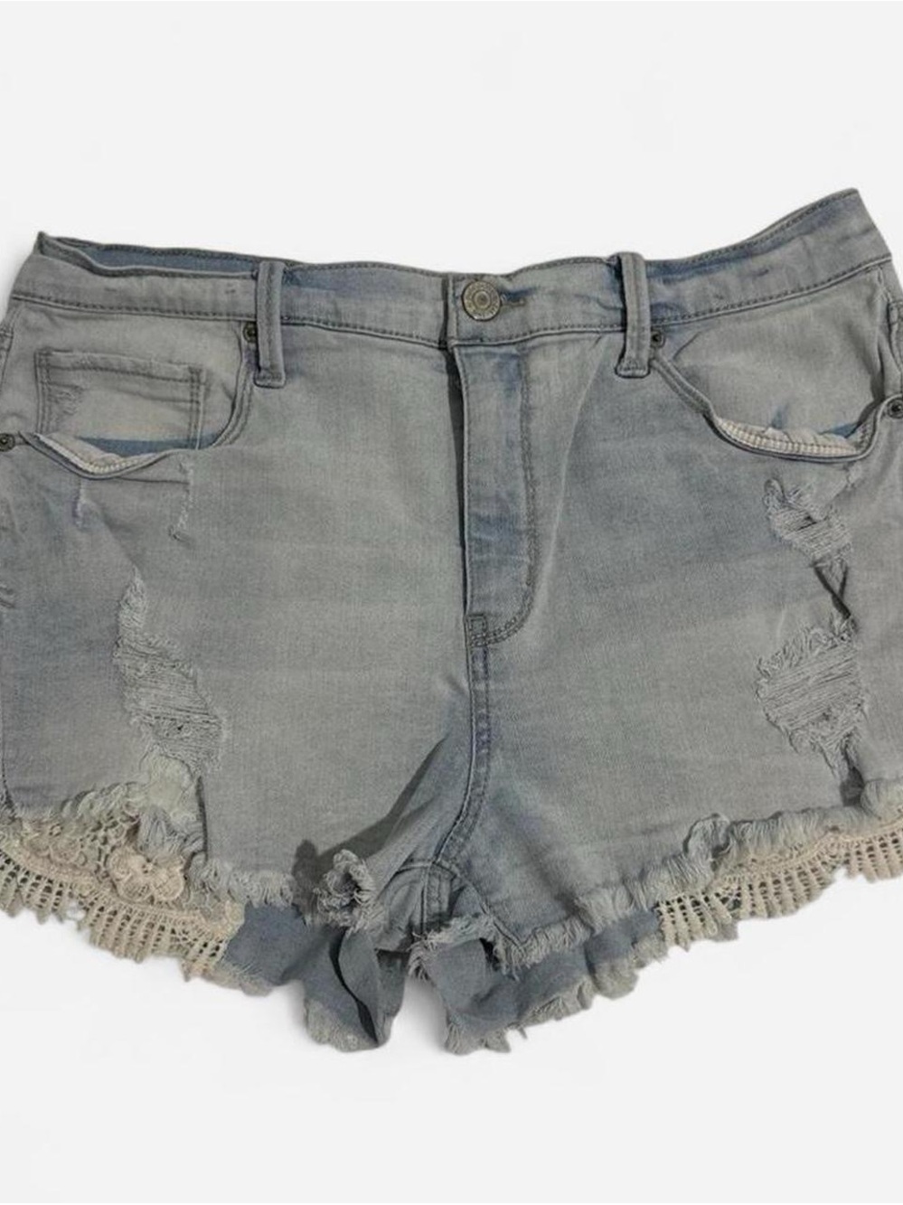 Mudd Light Blue Distressed Denim Shorts with Crochet Trim